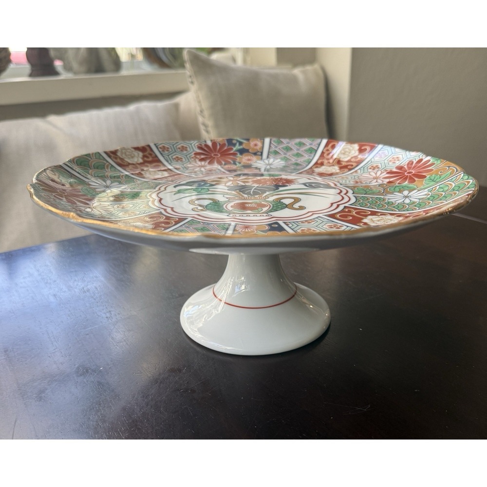 Arita Pedestal Cake Stand Plate Hand Decorated Imari Fan Japan Fine China